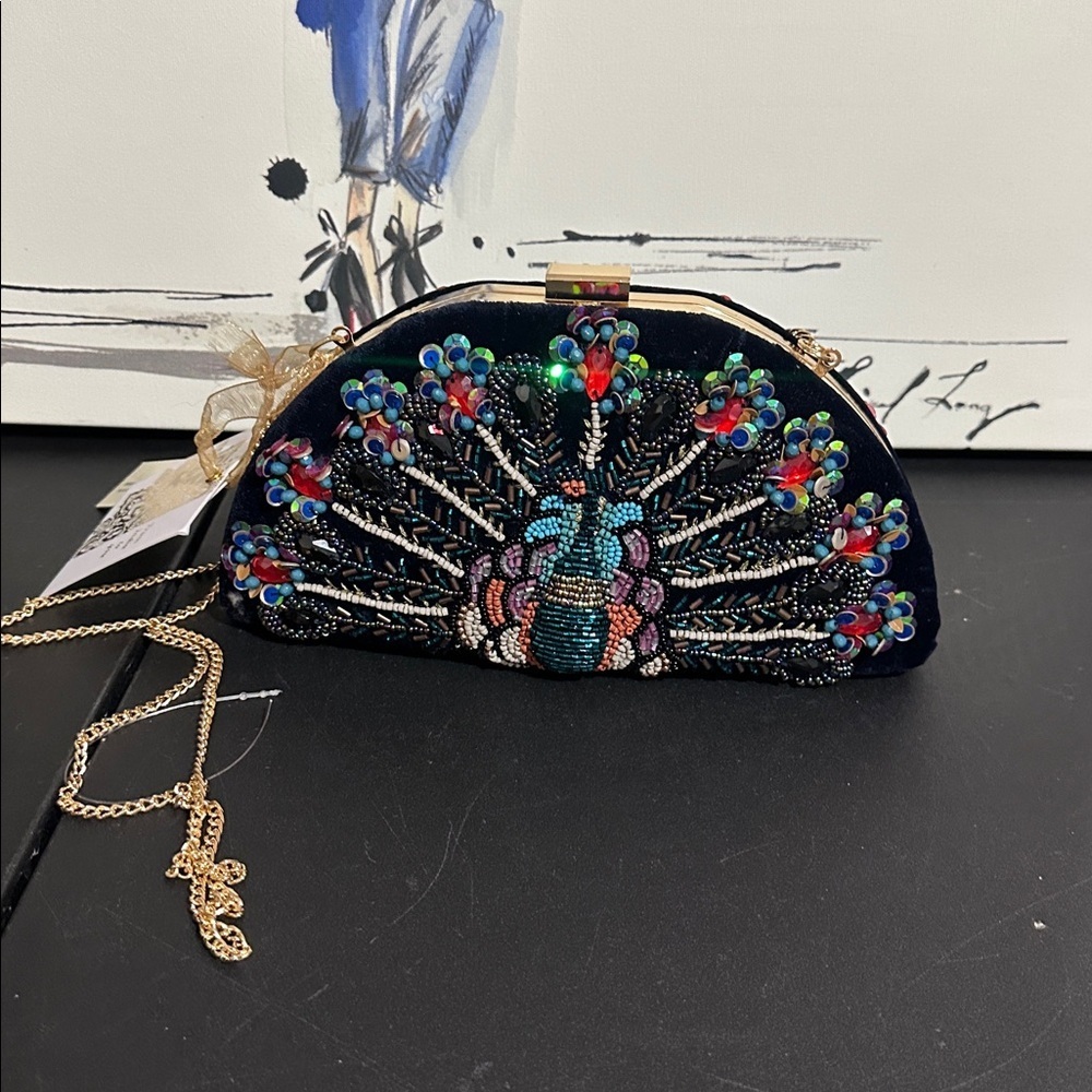 From India to you Beaded Peacock Clutch and gold chain Crossbody